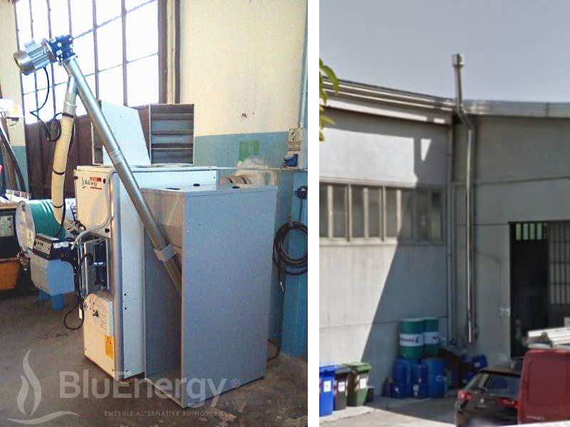 35kW pellet hot air generator installed in a shed in the province of Turin. Internal and external view