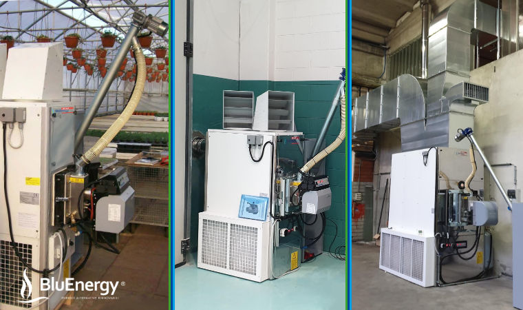 Rental system for industrial warehouse heating. AirCalor pellet hot air generators